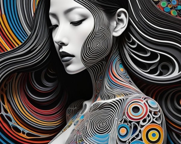 Portrait of a Woman with Colorful Patterns and Hair