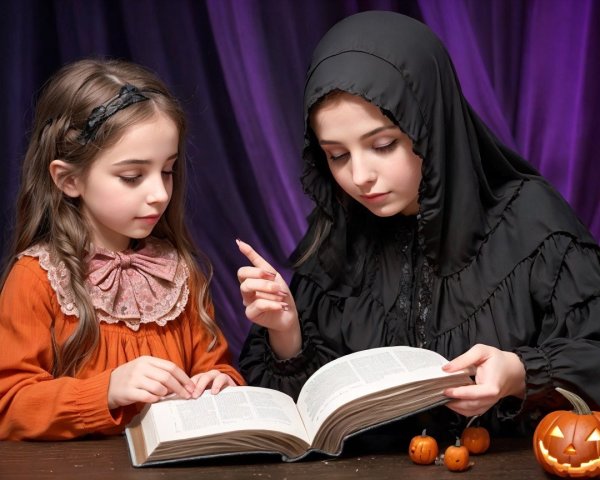 Two girls reading together with a festive backdrop