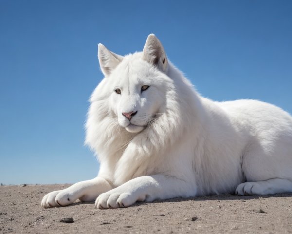 Majestic White Dog Relaxing on Sandy Surface
