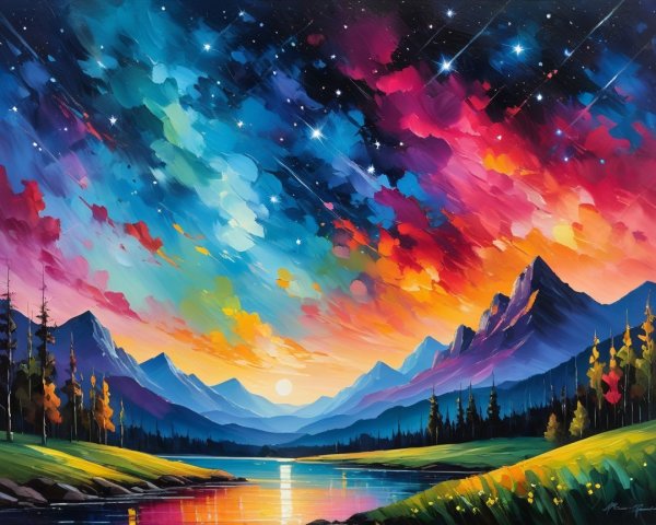 Vibrant Sunset Landscape Over Majestic Mountains