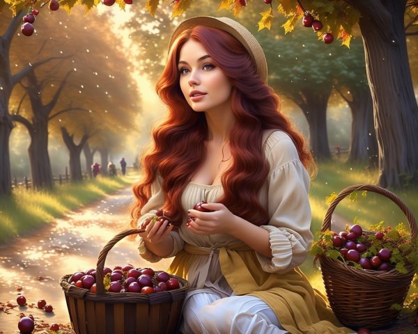 Young Woman with Grapes in Autumn Forest Setting