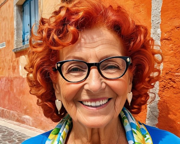 Cheerful elderly woman with vibrant red hair and glasses