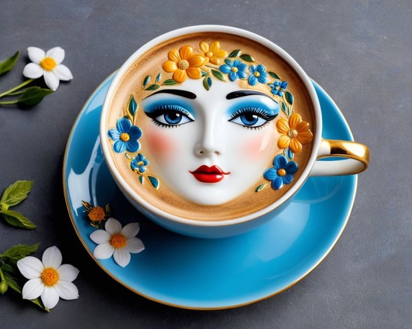 Whimsical Coffee Cup with Floral Face Design
