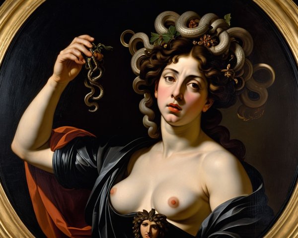 Medusa Figure with Serpent Crown and Dark Garment