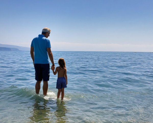 Man and girl in shallow beach water on a sunny day