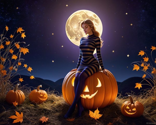 Serene Halloween Scene with Pumpkin and Full Moon
