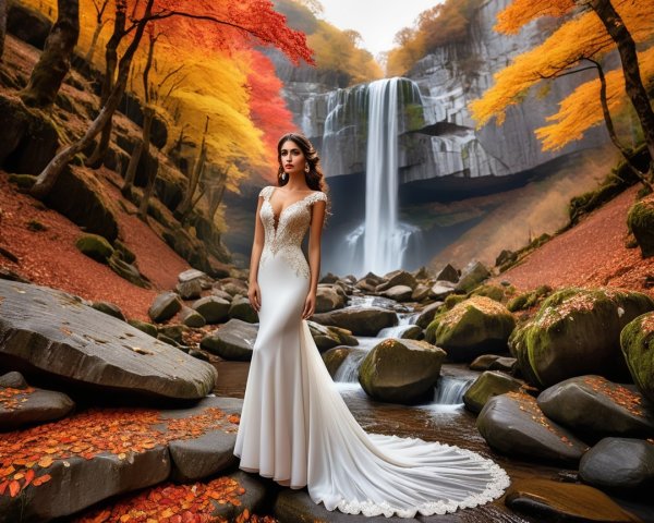 Bride in Elegant Gown by Autumn Waterfall Setting