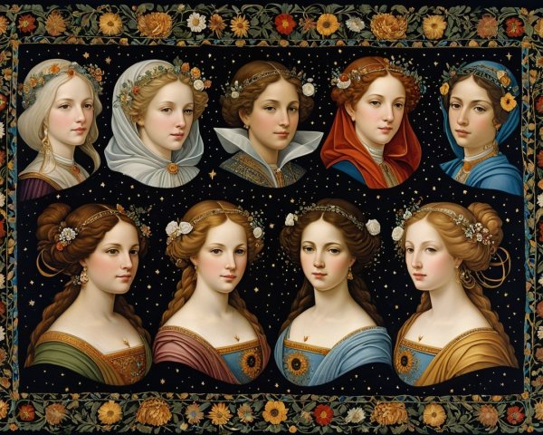 Collection of Nine Elegant Women in Floral Border