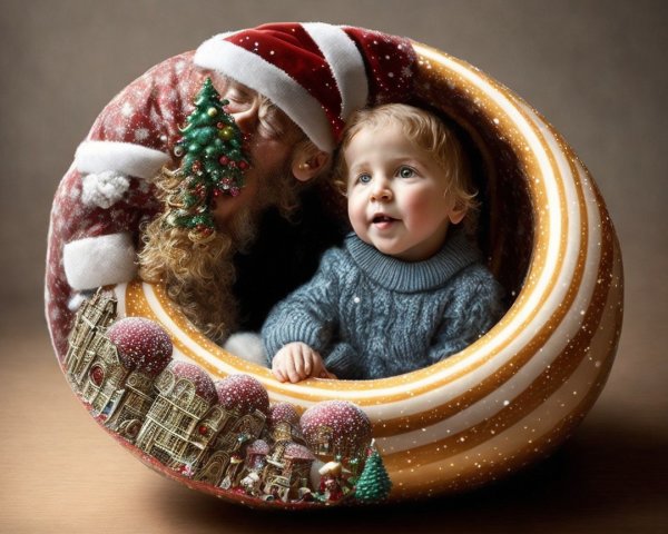 Close-up of Baby in Christmas Decoration with Santa