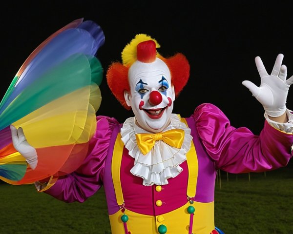 Cheerful clown with colorful outfit and rainbow fan