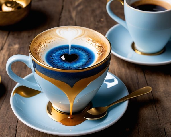 Blue and Gold Latte Art in Elegant Coffee Presentation