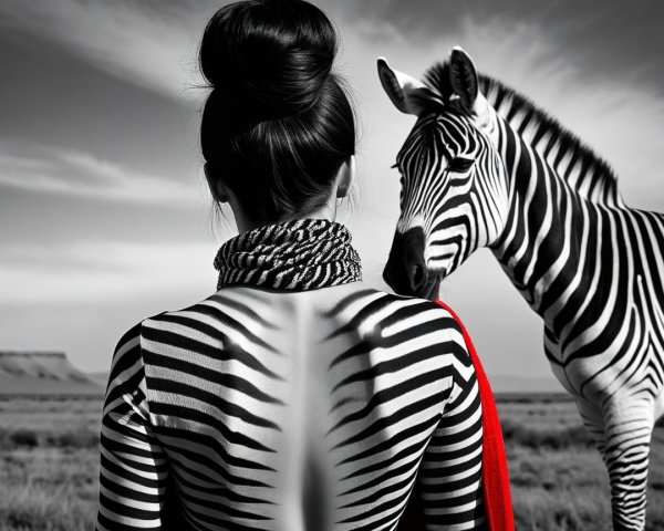 Woman in Zebra Stripes with Red Scarf in Landscape