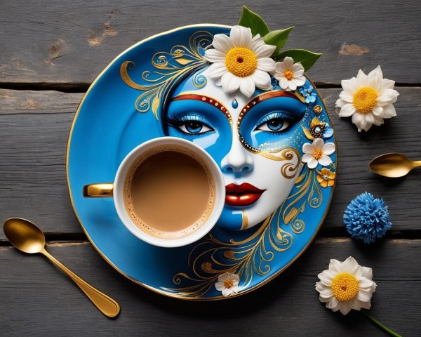 Artistic Blue Plate with Coffee and Floral Accents