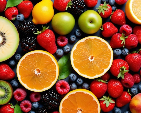 Vibrant Display of Fresh Fruits with Green Accents