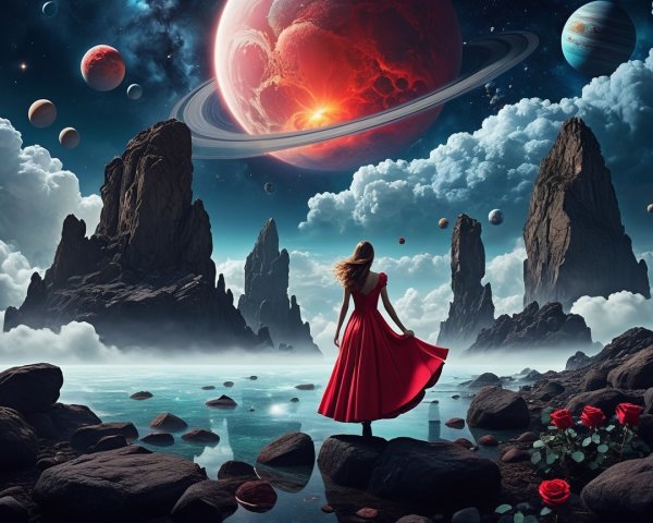 Surreal Landscape with Figure in Red Dress and Planets