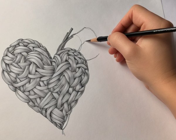 Detailed Drawing of a Woven Heart with Intricate Patterns