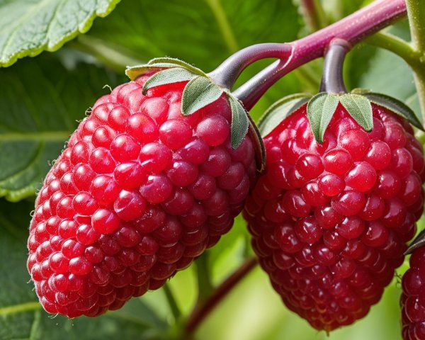 Fresh Ripe Raspberries on Green Stem with Dewdrops