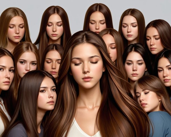 Composition of Multiple Serene Faces with Flowing Hair