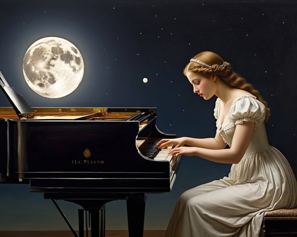 Young woman in white dress plays piano at night