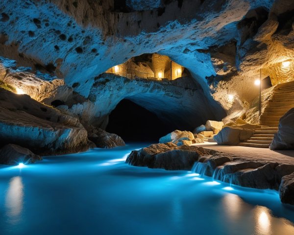 Serene Underground Cave with Glowing Blue Waters
