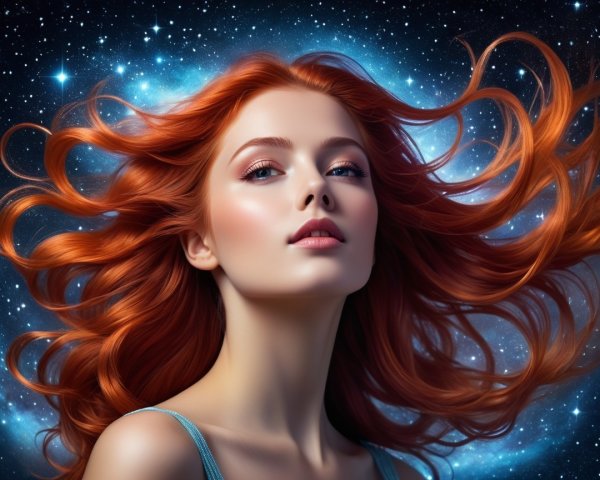 Young woman with red hair in cosmic backdrop