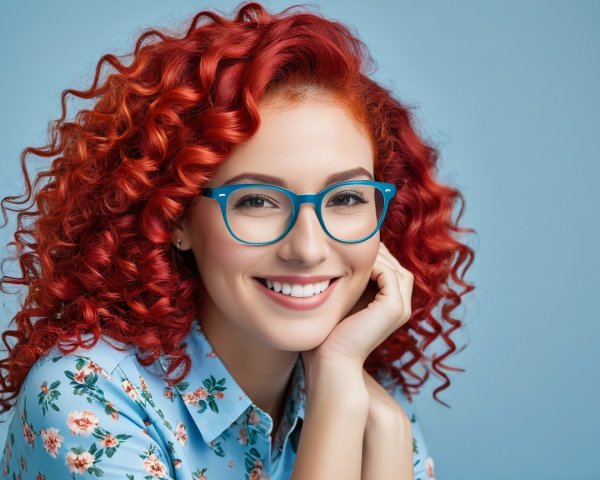 Young woman with red hair and blue glasses smiling