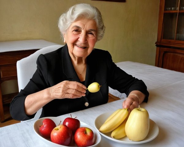 Elderly Woman in Cozy Room with Fruit and Warm Smile