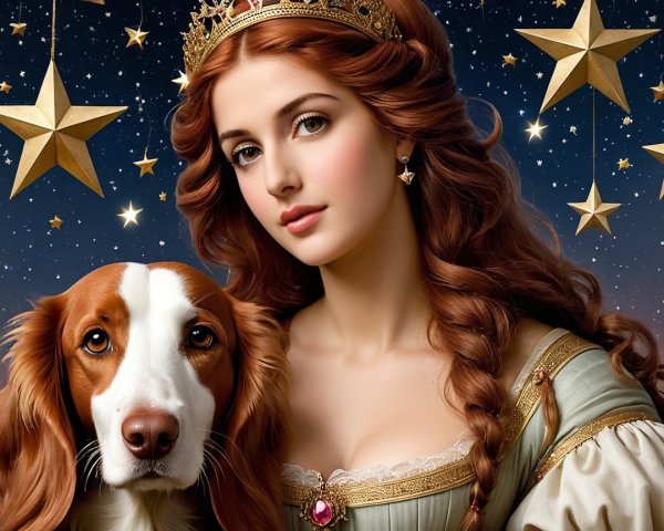 Young woman in gown with dog under starry sky