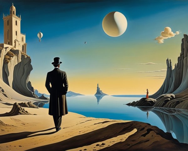 Surreal Painting of a Man Overlooking Water and Landscape