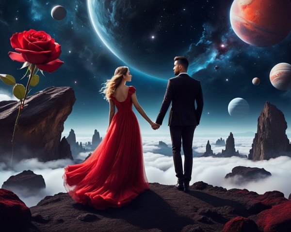 Couple on Rocky Outcrop in Cosmic Landscape
