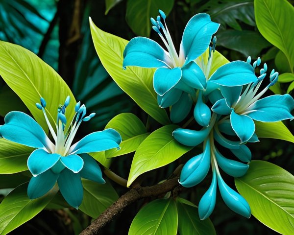 Vibrant Turquoise Flowers Surrounded by Green Leaves