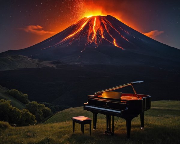 Piano on Hill with Erupting Volcano at Night