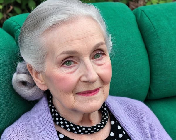 Elderly Woman in Lavender Cardigan on Green Couch