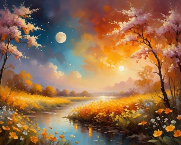 Vibrant Landscape with River and Blooming Flowers