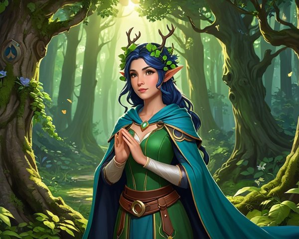 Mystical Forest Scene with Elven Woman in Nature