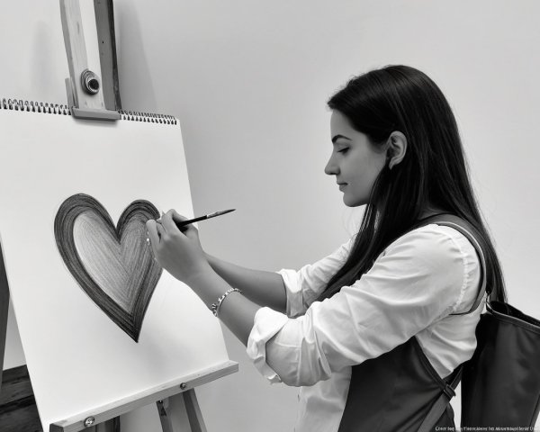 Young Woman Painting a Heart on Canvas in Profile