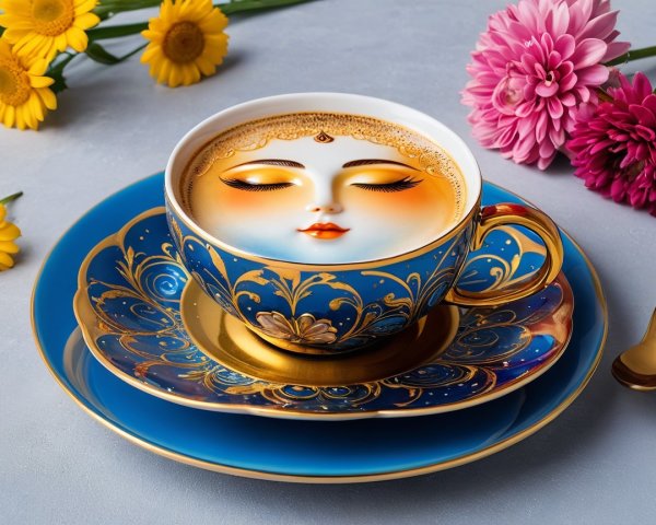 Intricate Teacup with Coffee and Flower Accents