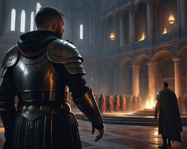 Knight in Armor Observes Gathering in Dim Hall