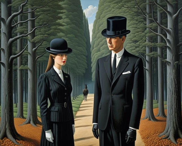 Elegant Figures in Black Attire on Leafy Pathway