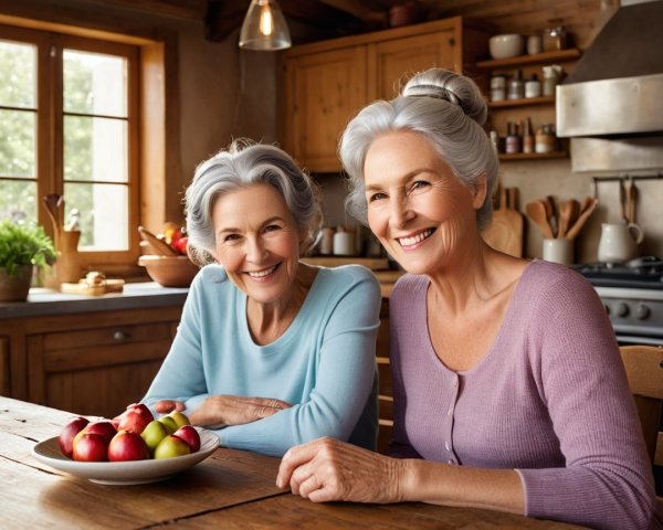 Joyful older women at a rustic kitchen table