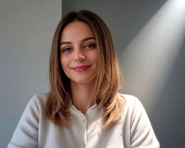 Young woman in light sweater poses in softly lit room