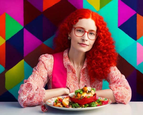 Woman with Red Hair Smiling at Colorful Table Setting