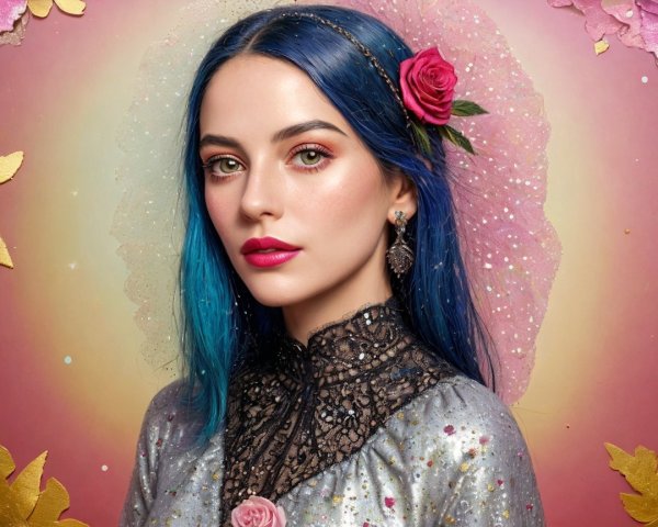 Portrait of a woman with blue hair and silver dress