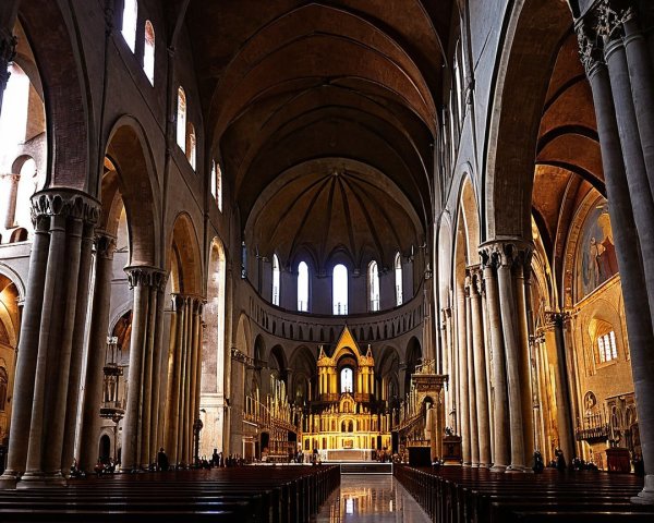 Interior of a Grand Cathedral with Soaring Arches
