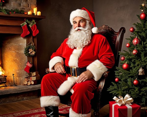 Santa Claus by a fireplace with a Christmas tree and gifts