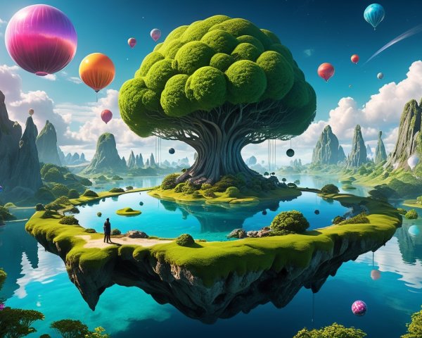 Surreal Landscape with Floating Island and Hot Air Balloons