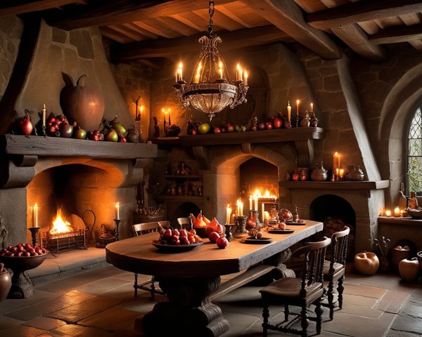 Cozy Medieval Kitchen with Wooden Table and Fireplace