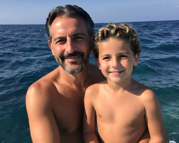 Smiling man and boy enjoying a sunny day by the ocean