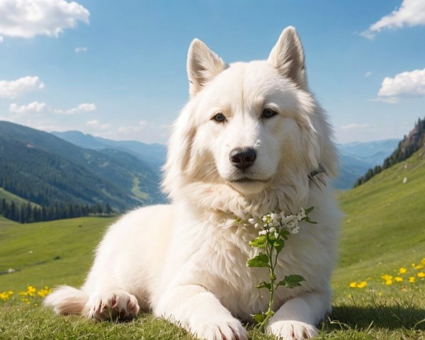 Samoyed Dog in Meadow with Mountains and Flowers