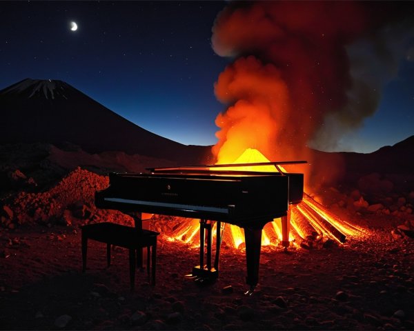 Night Scene of Grand Piano by Erupting Volcano